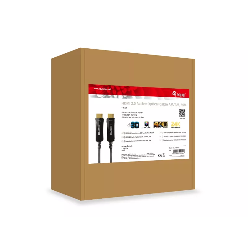 Equip HDMI 2.0 aktīvais optiskais kabelis AM/AM, 50m, 4K/60Hz, 50 m, HDMI Type A (Standard), HDMI Type A (Standard), 3D, melns