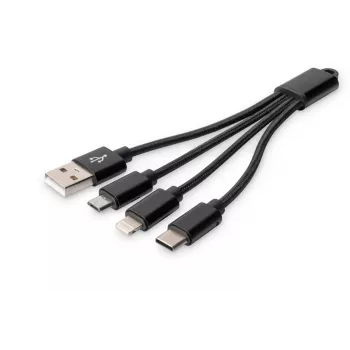 DIGITUS USB lādētāja kabelis USB A - Lightning+micro B+Type-C M/M/M/M 15cm 3-in-1 kabelis, kokvilna, CE, melns