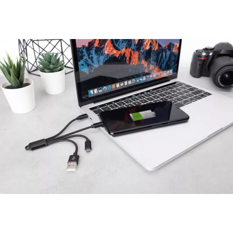 DIGITUS USB lādētāja kabelis USB A - Lightning+micro B+Type-C M/M/M/M 15cm 3-in-1 kabelis, kokvilna, CE, melns