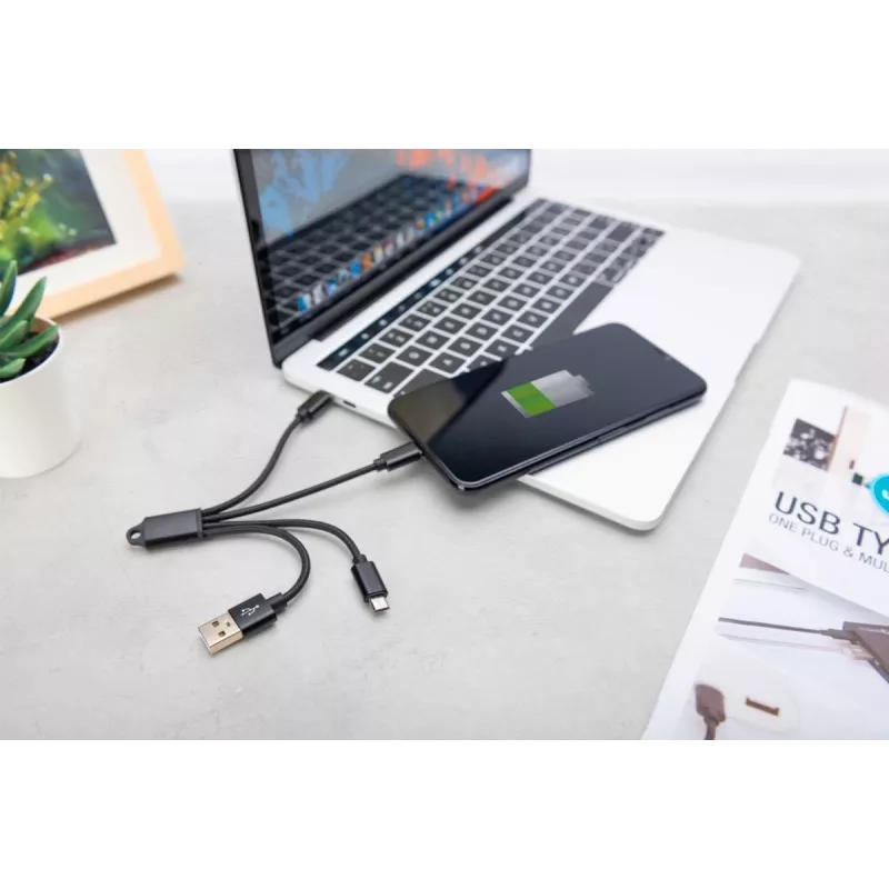 DIGITUS USB lādētāja kabelis USB A - Lightning+micro B+Type-C M/M/M/M 15cm 3-in-1 kabelis, kokvilna, CE, melns