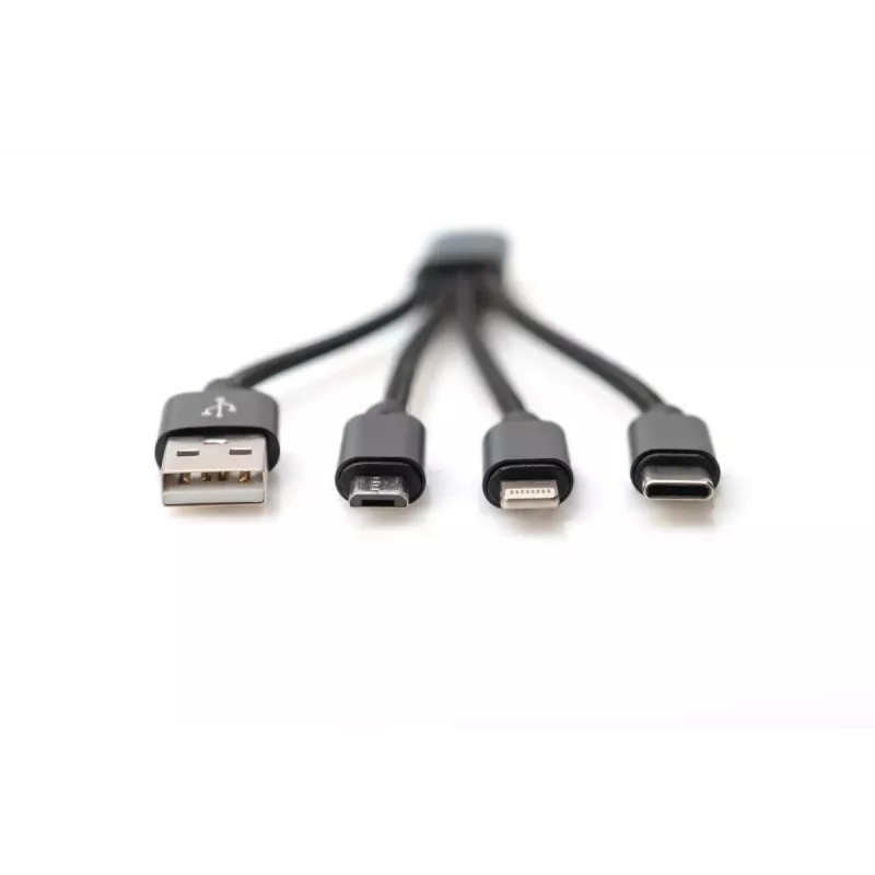 DIGITUS USB lādētāja kabelis USB A - Lightning+micro B+Type-C M/M/M/M 15cm 3-in-1 kabelis, kokvilna, CE, melns