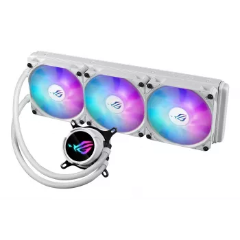 Šķidruma dzesēšanas komplekts ASUS ROG Strix LC III 360 ARGB balta Edition — 360 mm radiators, 3x 120 mm ARGB ventilatori, LCD displejs, vara pamatne