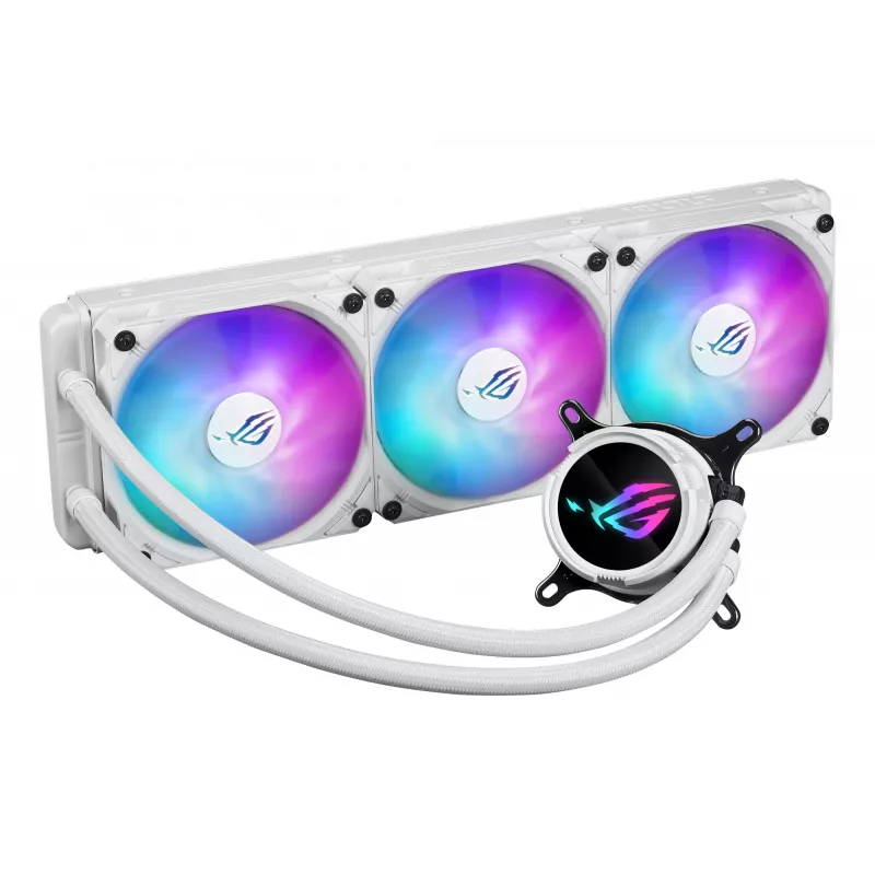 Šķidruma dzesēšanas komplekts ASUS ROG Strix LC III 360 ARGB balta Edition — 360 mm radiators, 3x 120 mm ARGB ventilatori, LCD displejs, vara pamatne