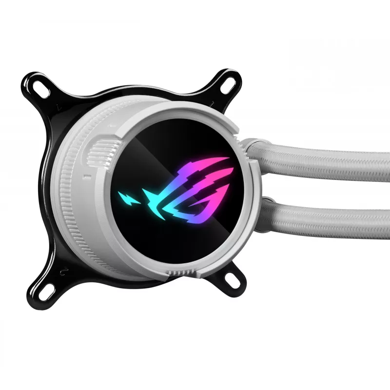 Šķidruma dzesēšanas komplekts ASUS ROG Strix LC III 360 ARGB balta Edition — 360 mm radiators, 3x 120 mm ARGB ventilatori, LCD displejs, vara pamatne