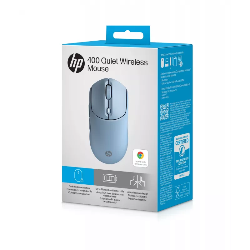 HP 400 Quiet Blue bezvadu pele, abpusēja, RF bezvadu + Bluetooth, 6000 DPI, zila