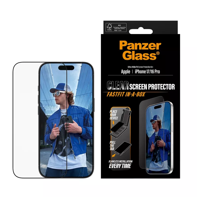PanzerGlass ® ekrāna aizsargs iPhone 17 | iPhone 16 Pro | Ultra-Wide Fit ar FASTFIT IN-A-BOX