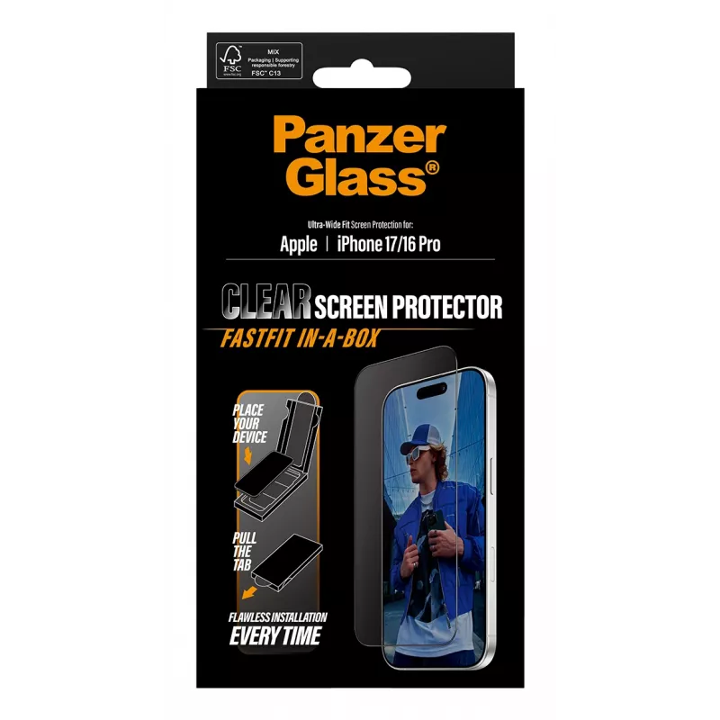 PanzerGlass ® ekrāna aizsargs iPhone 17 | iPhone 16 Pro | Ultra-Wide Fit ar FASTFIT IN-A-BOX
