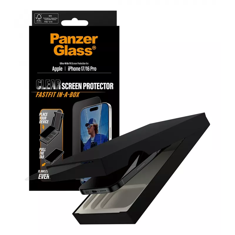PanzerGlass ® ekrāna aizsargs iPhone 17 | iPhone 16 Pro | Ultra-Wide Fit ar FASTFIT IN-A-BOX