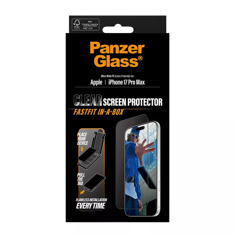 PanzerGlass ® Ekrāna aizsargs iPhone 17 Pro Max | Ultra-Wide Fit ar FASTFIT IN-A-BOX