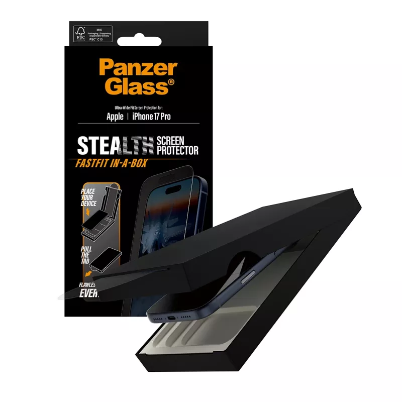 PanzerGlass ® Stealth Screen Protector iPhone 17 Pro | Ultra-Wide Fit ar FASTFIT IN-A-BOX