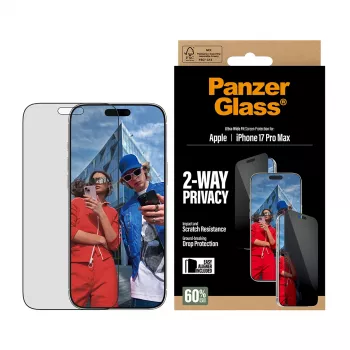 Ekrāna aizsargs PanzerGlass 2-Way Privacy iPhone 17 Pro Max — rūdītais stikls, īpaši plata piemērotība, EasyAligner