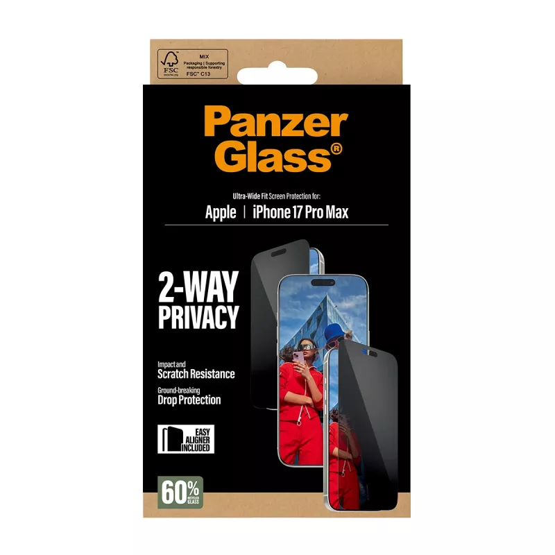 Ekrāna aizsargs PanzerGlass 2-Way Privacy iPhone 17 Pro Max — rūdītais stikls, īpaši plata piemērotība, EasyAligner