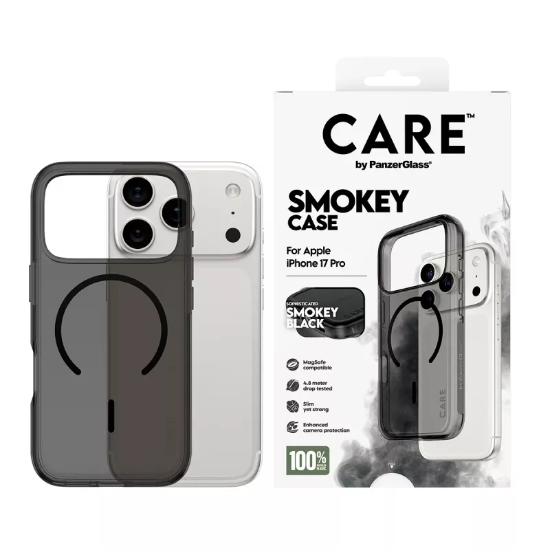 Aizsargapvalks PanzerGlass CARE™ Urban Explorer Smokey ar melnu MagSafe, paredzēts iPhone 17 Pro (TPU, melna)