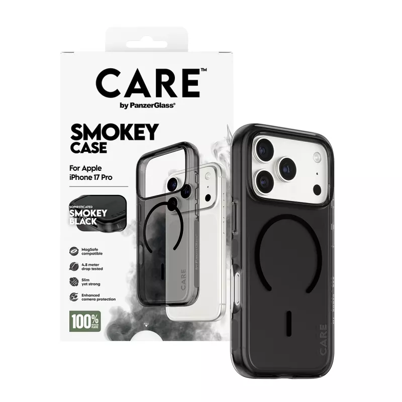 Aizsargapvalks PanzerGlass CARE™ Urban Explorer Smokey ar melnu MagSafe, paredzēts iPhone 17 Pro (TPU, melna)