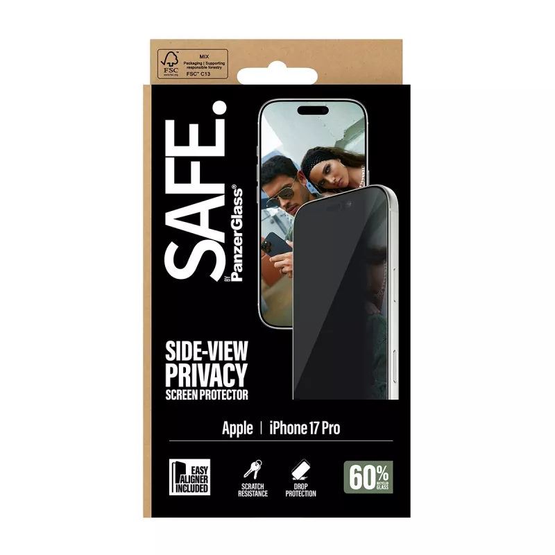 PanzerGlass SAFE. by ® 2 virzienu privātuma ekrāna aizsargs iPhone 17 Pro | Īpaši plata piemērotība ar EasyAligner