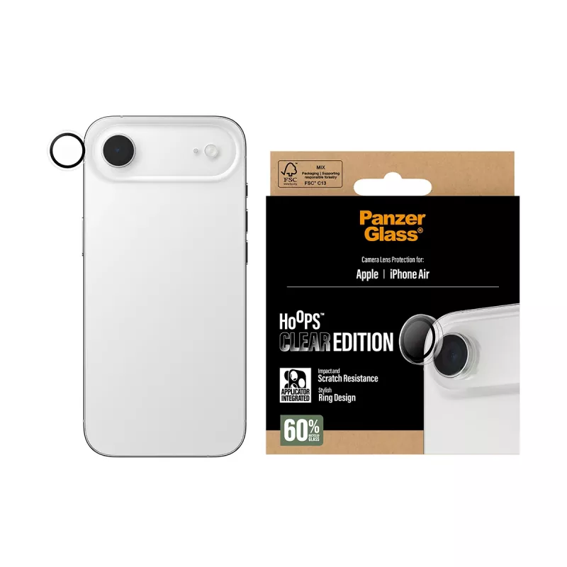 Kameras lēcu aizsargs PanzerGlass Hoops iPhone Air — rūdīts stikls un silikons, caurspīdīgs, 1 gab.
