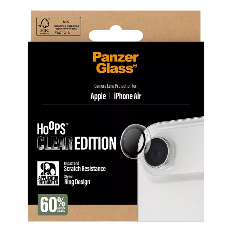Kameras lēcu aizsargs PanzerGlass Hoops iPhone Air — rūdīts stikls un silikons, caurspīdīgs, 1 gab.