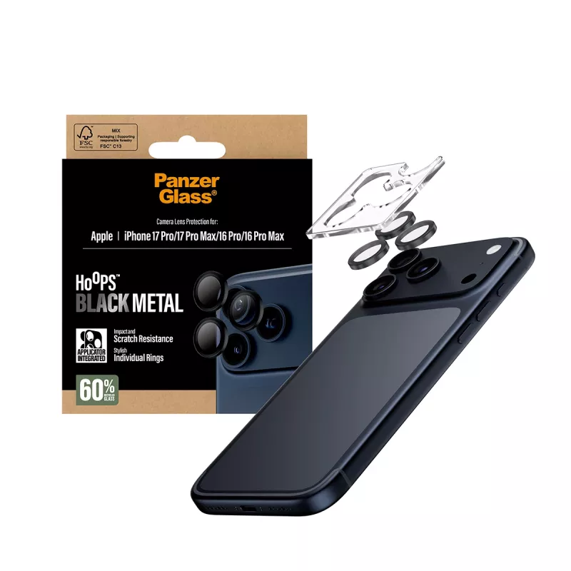 PanzerGlass® Hoops® Kameras lēcu aizsargs melns iPhone 17 Pro | iPhone 17 Pro Max | iPhone 16 Pro | 16 Pro Max