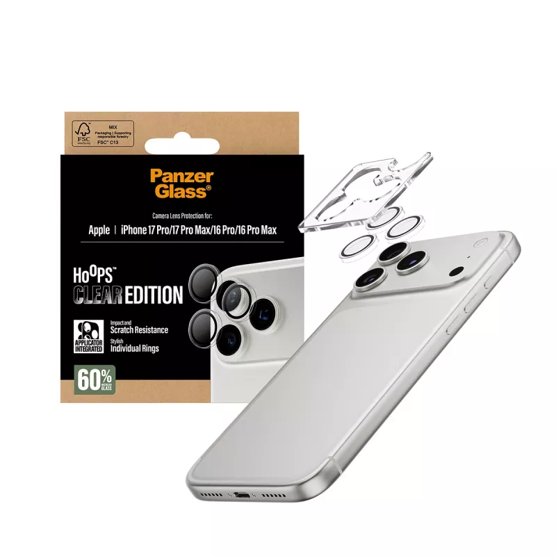 Kameras objektīva aizsargs PanzerGlass Hoops Transparent iPhone 17 Pro / 17 Pro Max / 16 Pro / 16 Pro Max, rūdītais stikls, silikons, 1 gab.