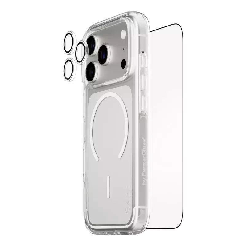 Ekrāna aizsardzības komplekts PanzerGlass CARE 3-in-1 Flagship Explorer iPhone 17 Pro — rūdītais stikls, PET, silikons, caurspīdīgs