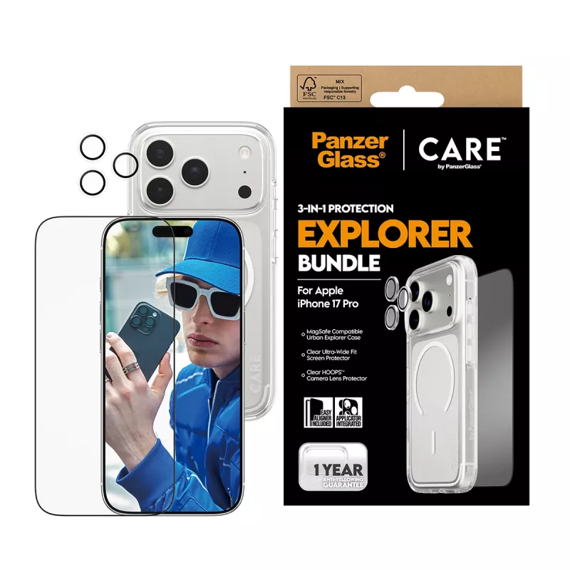 Ekrāna aizsardzības komplekts PanzerGlass CARE 3-in-1 Flagship Explorer iPhone 17 Pro — rūdītais stikls, PET, silikons, caurspīdīgs