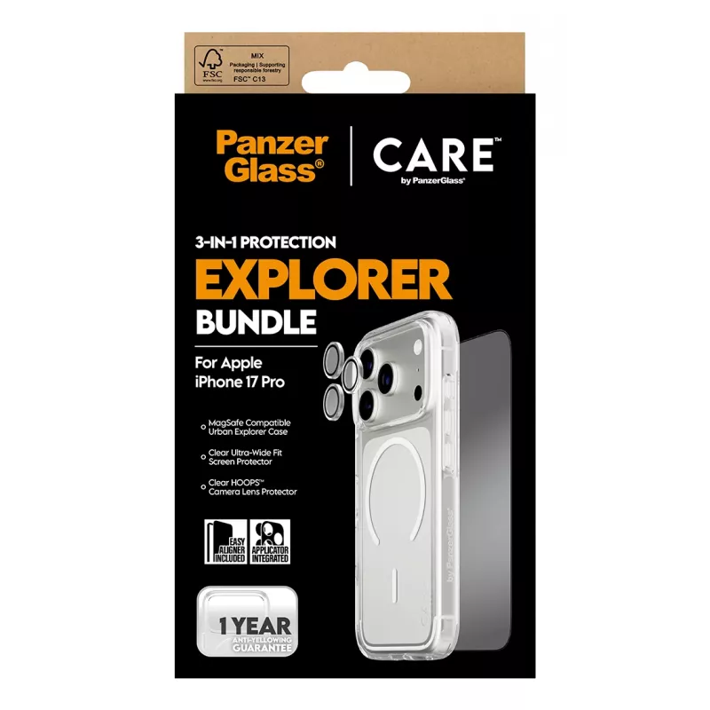 Ekrāna aizsardzības komplekts PanzerGlass CARE 3-in-1 Flagship Explorer iPhone 17 Pro — rūdītais stikls, PET, silikons, caurspīdīgs