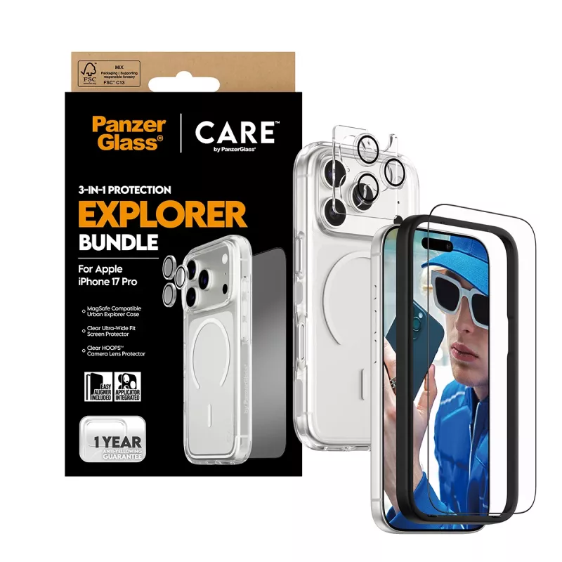 Ekrāna aizsardzības komplekts PanzerGlass CARE 3-in-1 Flagship Explorer iPhone 17 Pro — rūdītais stikls, PET, silikons, caurspīdīgs