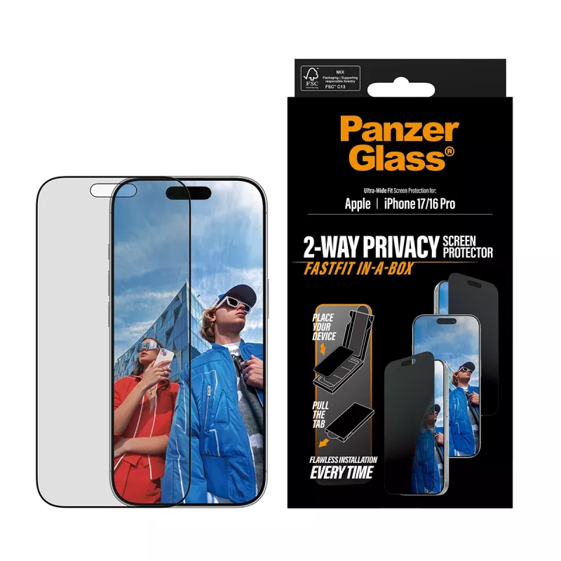 Privātuma ekrāna aizsargs PanzerGlass iPhone 17 / iPhone 16 Pro — īpaši plata piegulšanās, rūdīts stikls + PET, FASTFIT