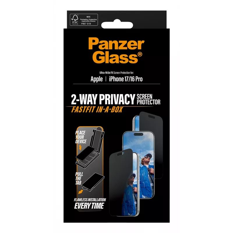 Privātuma ekrāna aizsargs PanzerGlass iPhone 17 / iPhone 16 Pro — īpaši plata piegulšanās, rūdīts stikls + PET, FASTFIT
