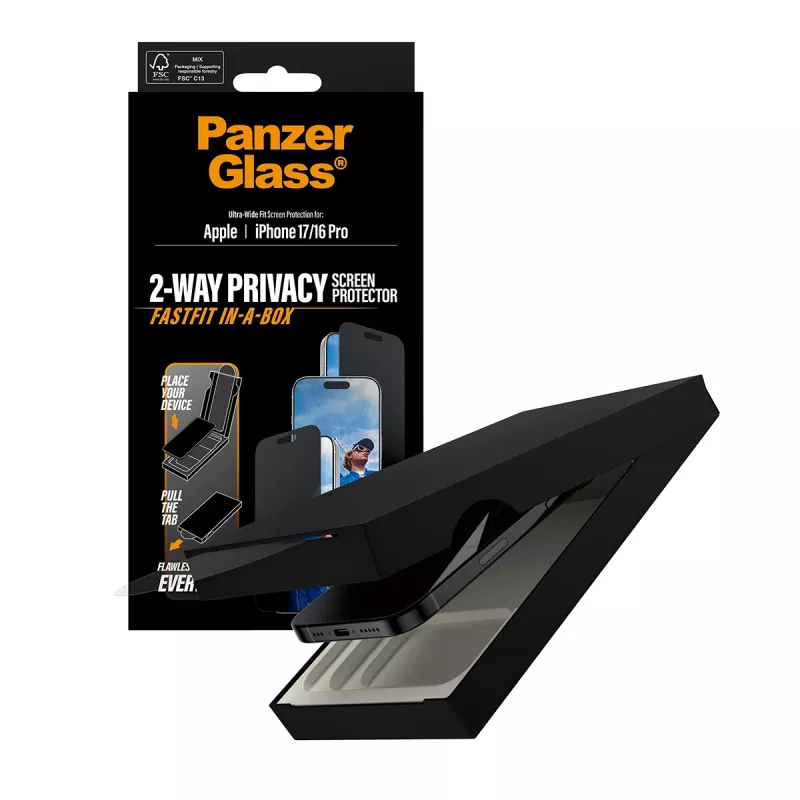 Privātuma ekrāna aizsargs PanzerGlass iPhone 17 / iPhone 16 Pro — īpaši plata piegulšanās, rūdīts stikls + PET, FASTFIT