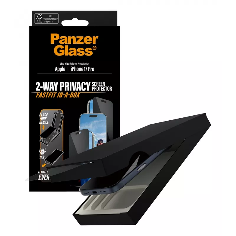 Ekrāna aizsargs PanzerGlass 2-Way Privacy iPhone 17 Pro — Ultra-Wide Fit, rūdīts stikls, privātuma filtrs, FASTFIT