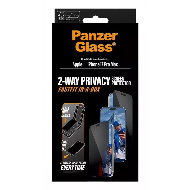 Ekrāna aizsargs PanzerGlass 2-Way Privacy iPhone 17 Pro Max — Rūdītais stikls, Īpaši plašs pārklājums, FASTFIT