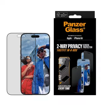 Ekrāna aizsargs PanzerGlass Privacy iPhone Air — rūdīts stikls, īpaši plats piegulums, privātuma filtrs, FASTFIT
