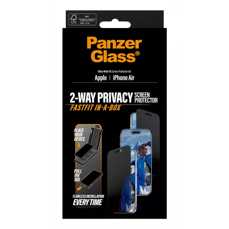 Ekrāna aizsargs PanzerGlass Privacy iPhone Air — rūdīts stikls, īpaši plats piegulums, privātuma filtrs, FASTFIT
