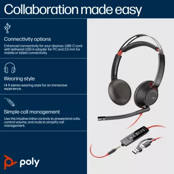 HP Poly Blackwire 5220 Stereo USB-C austiņas + 3,5 mm spraudnis + USB-C/A adapteris