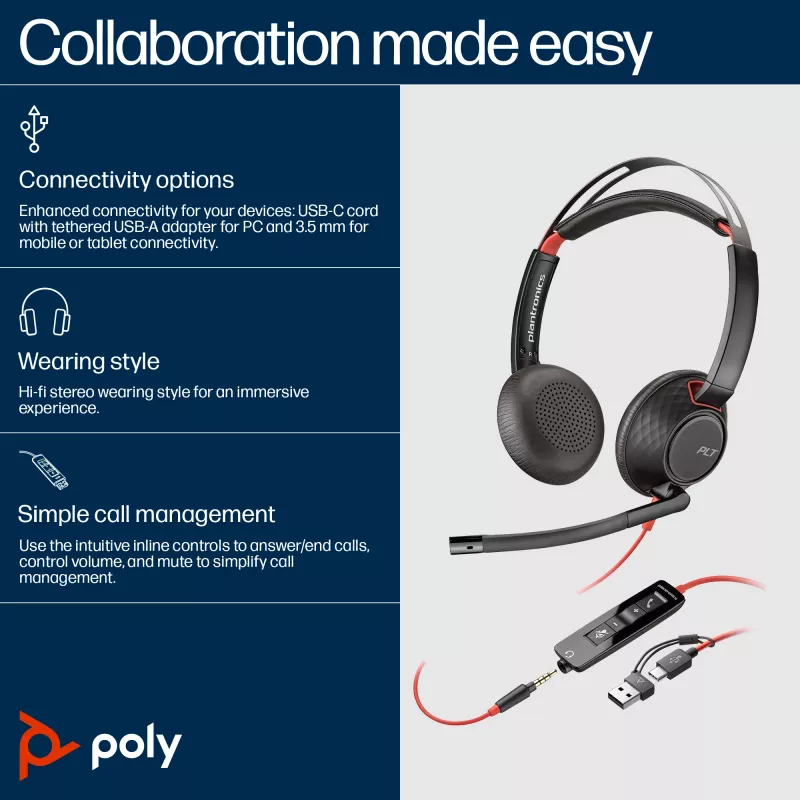 HP Poly Blackwire 5220 Stereo USB-C austiņas + 3,5 mm spraudnis + USB-C/A adapteris