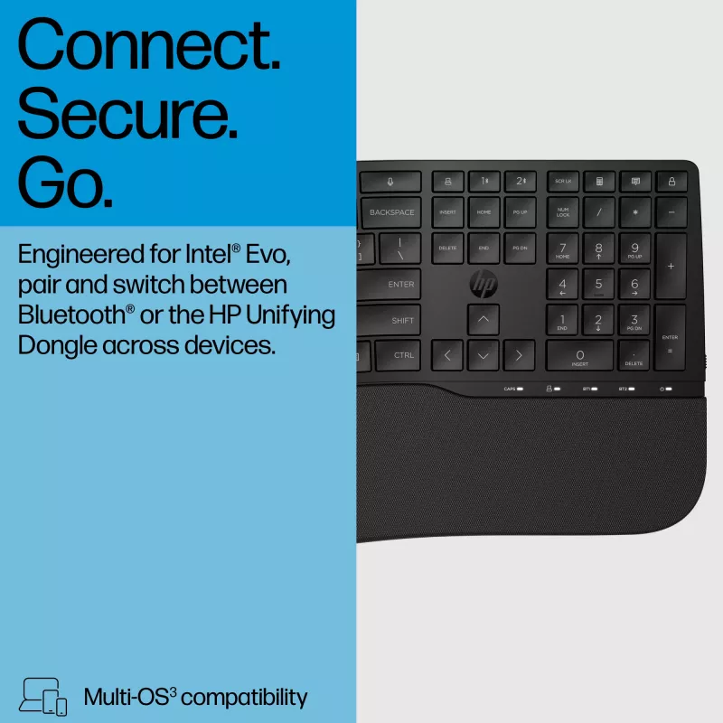HP 685 Comfort Dual-Mode tastatūra, pilna izmēra, bezvadu, Bluetooth, membrānas