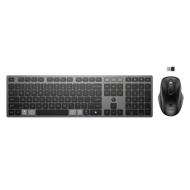 HP 725 Multi-Device bezvadu uzlādējama tastatūra un pele komplektā, pilna izmēra bezvadu Bluetooth šķērveida slēdzis