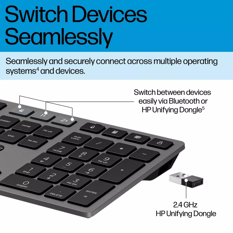 HP 725 Multi-Device bezvadu uzlādējama tastatūra un pele komplektā, pilna izmēra bezvadu Bluetooth šķērveida slēdzis