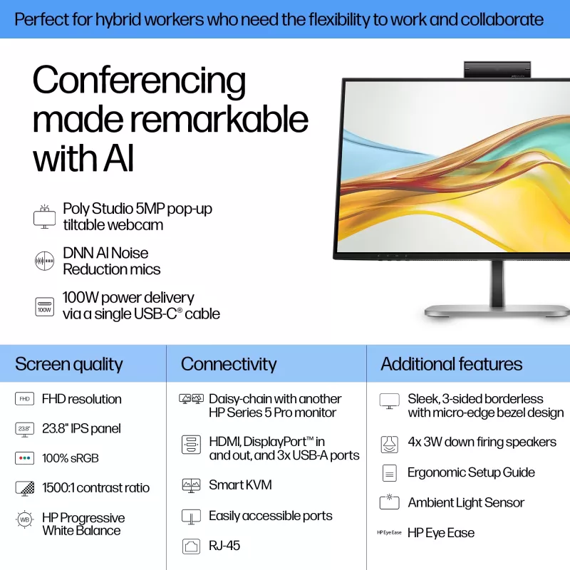 HP Series 5 Pro 23.8 collu FHD USB-C konferences monitors - 524pm