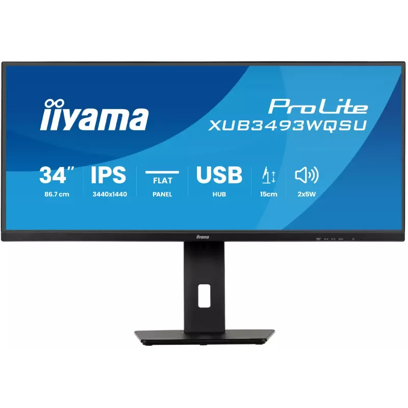 Datora monitors IIYAMA ProLite XUB3493WQSU-B6 34 collas 3440×1440 UltraWide QHD IPS LED, 1 ms, USB 3.2 centrmezgls, skaļruņi, VESA, augstuma regulēšana