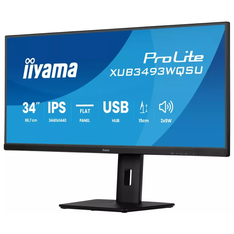 Datora monitors IIYAMA ProLite XUB3493WQSU-B6 34 collas 3440×1440 UltraWide QHD IPS LED, 1 ms, USB 3.2 centrmezgls, skaļruņi, VESA, augstuma regulēšana
