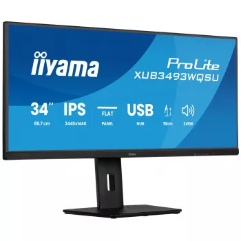 Datora monitors IIYAMA ProLite XUB3493WQSU-B6 34 collas 3440×1440 UltraWide QHD IPS LED, 1 ms, USB 3.2 centrmezgls, skaļruņi, VESA, augstuma regulēšana
