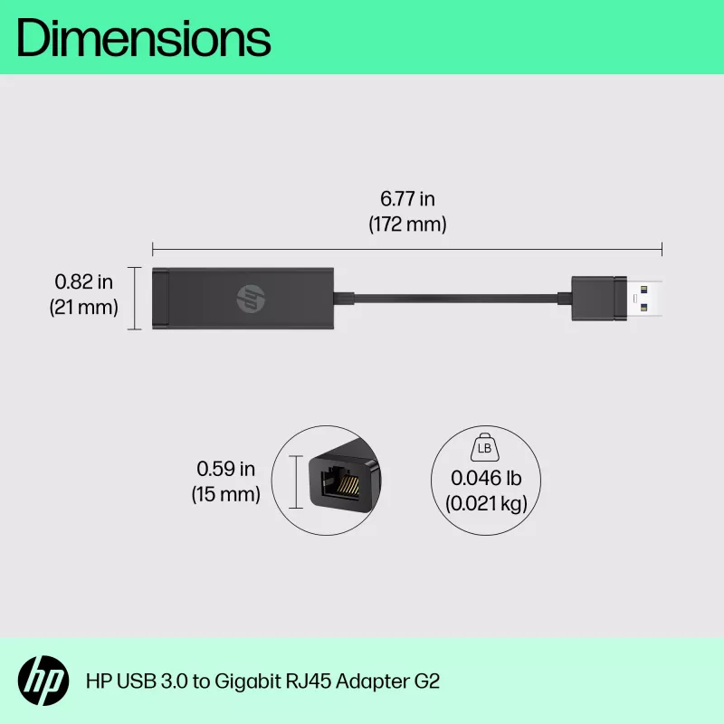 HP USB 3.0 uz Gigabit RJ45 adapteris G2, vadu, USB, Ethernet, melns