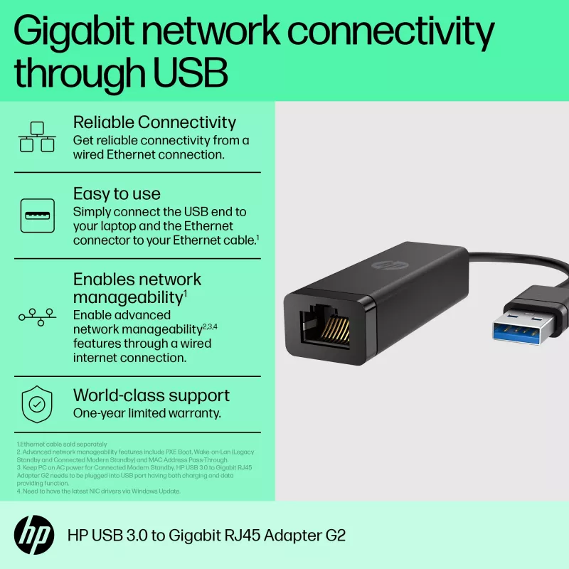 HP USB 3.0 uz Gigabit RJ45 adapteris G2, vadu, USB, Ethernet, melns