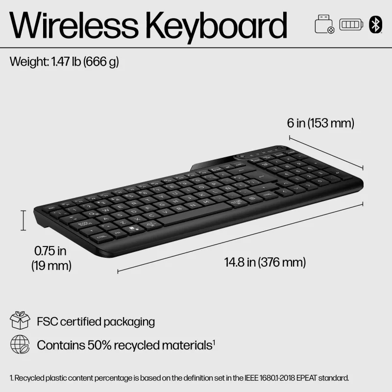 HP 475 Dual-Mode bezvadu tastatūra, pilna izmēra (100%), bezvadu, RF bezvadu + Bluetooth, membrānas, melna