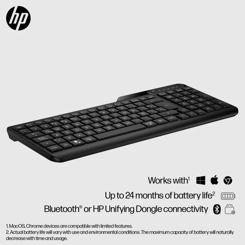 HP 475 Dual-Mode bezvadu tastatūra, pilna izmēra (100%), bezvadu, RF bezvadu + Bluetooth, membrānas, melna