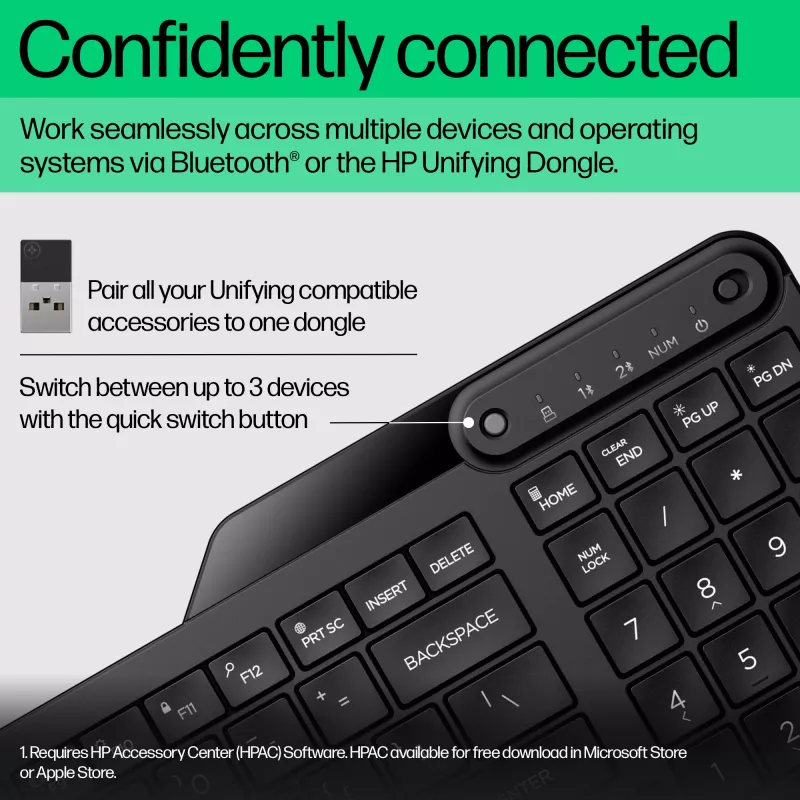 HP 475 Dual-Mode bezvadu tastatūra, pilna izmēra (100%), bezvadu, RF bezvadu + Bluetooth, membrānas, melna