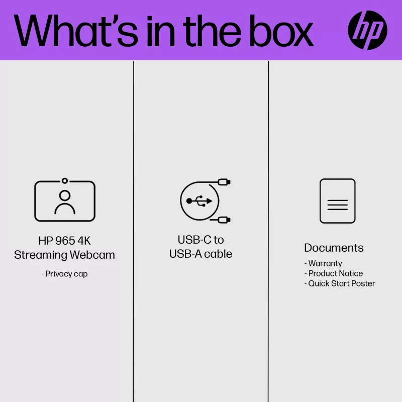 HP 325 FHD tīmekļa kamera, biznesa klasei, Windows 10, Windows 11, MacOS, 72 mm, 53,6 mm, 53,2 mm