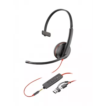 HP Poly Melnswire 3215 mono USB-C austiņas +3.5mm spraudnis +USB-C/A adapteris (Bulk)